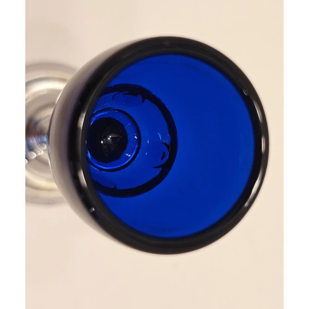 Vintage Cobalt Blue Glass Cordial Shot Glasses Silver Tone Stem Set of 6 MCM